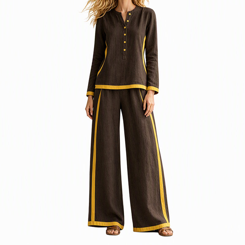 🔥Women's Colorblock Long Sleeve Top & Wide-Leg Pants Set✨