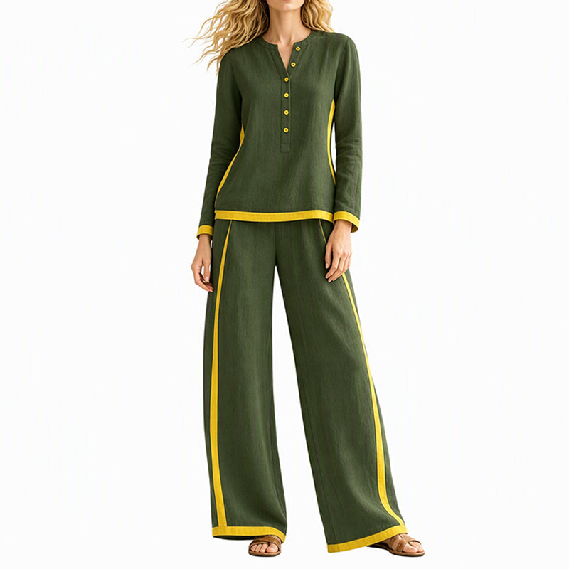 🔥Women's Colorblock Long Sleeve Top & Wide-Leg Pants Set✨