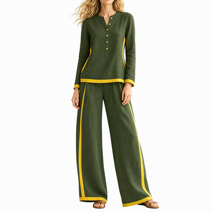 🔥Women's Colorblock Long Sleeve Top & Wide-Leg Pants Set✨
