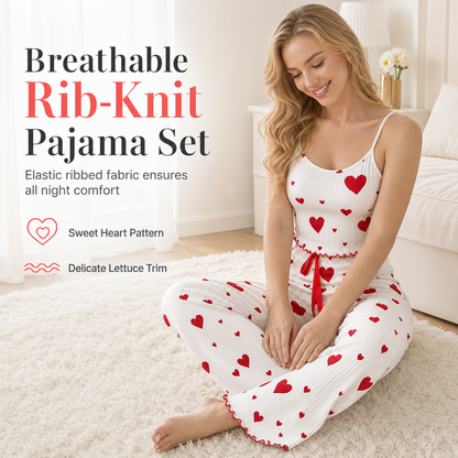 💖Women’s Heart Print Ribbed Pyjama Set – Cami Top & Relaxed Long Pants