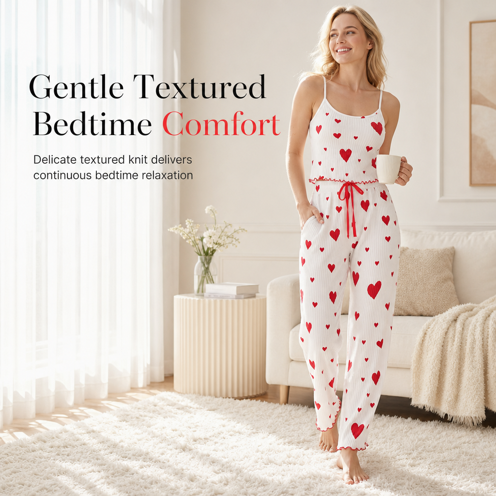 💖Women’s Heart Print Ribbed Pyjama Set – Cami Top & Relaxed Long Pants