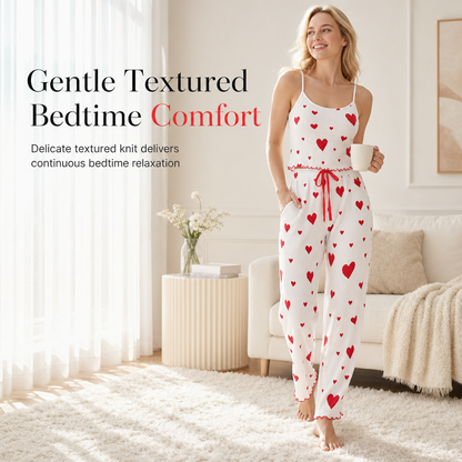 💖Women’s Heart Print Ribbed Pyjama Set – Cami Top & Relaxed Long Pants
