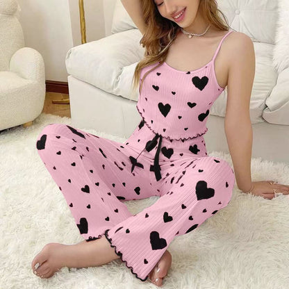 💖Women’s Heart Print Ribbed Pyjama Set – Cami Top & Relaxed Long Pants