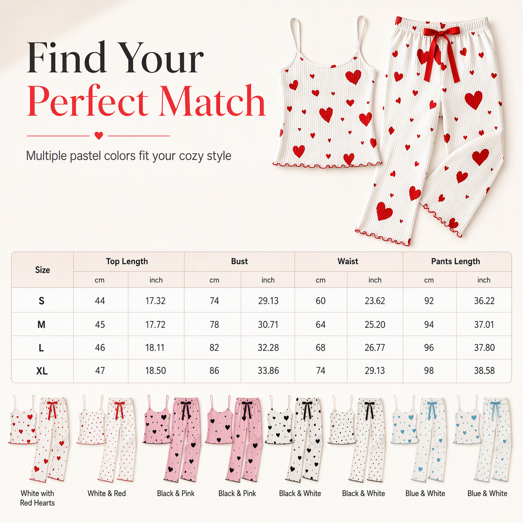 💖Women’s Heart Print Ribbed Pyjama Set – Cami Top & Relaxed Long Pants