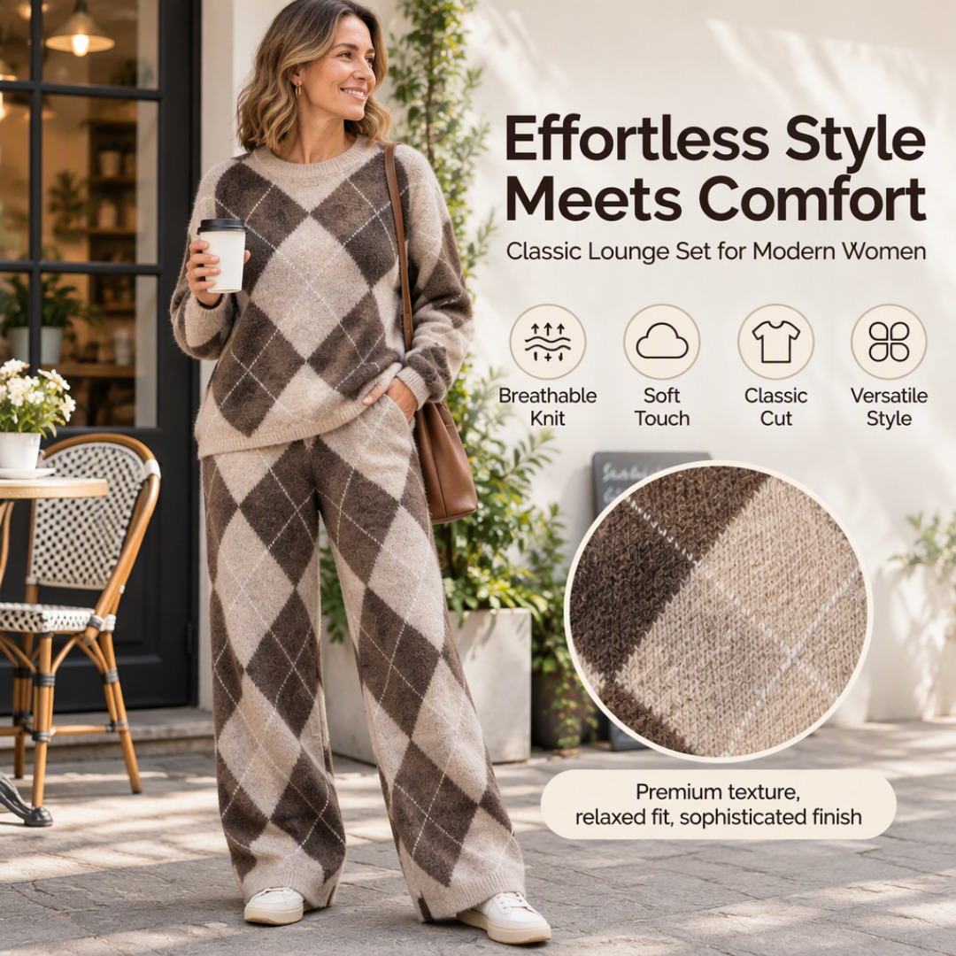 💖Women's Argyle Knit Sweater & Wide-Leg Pants Set