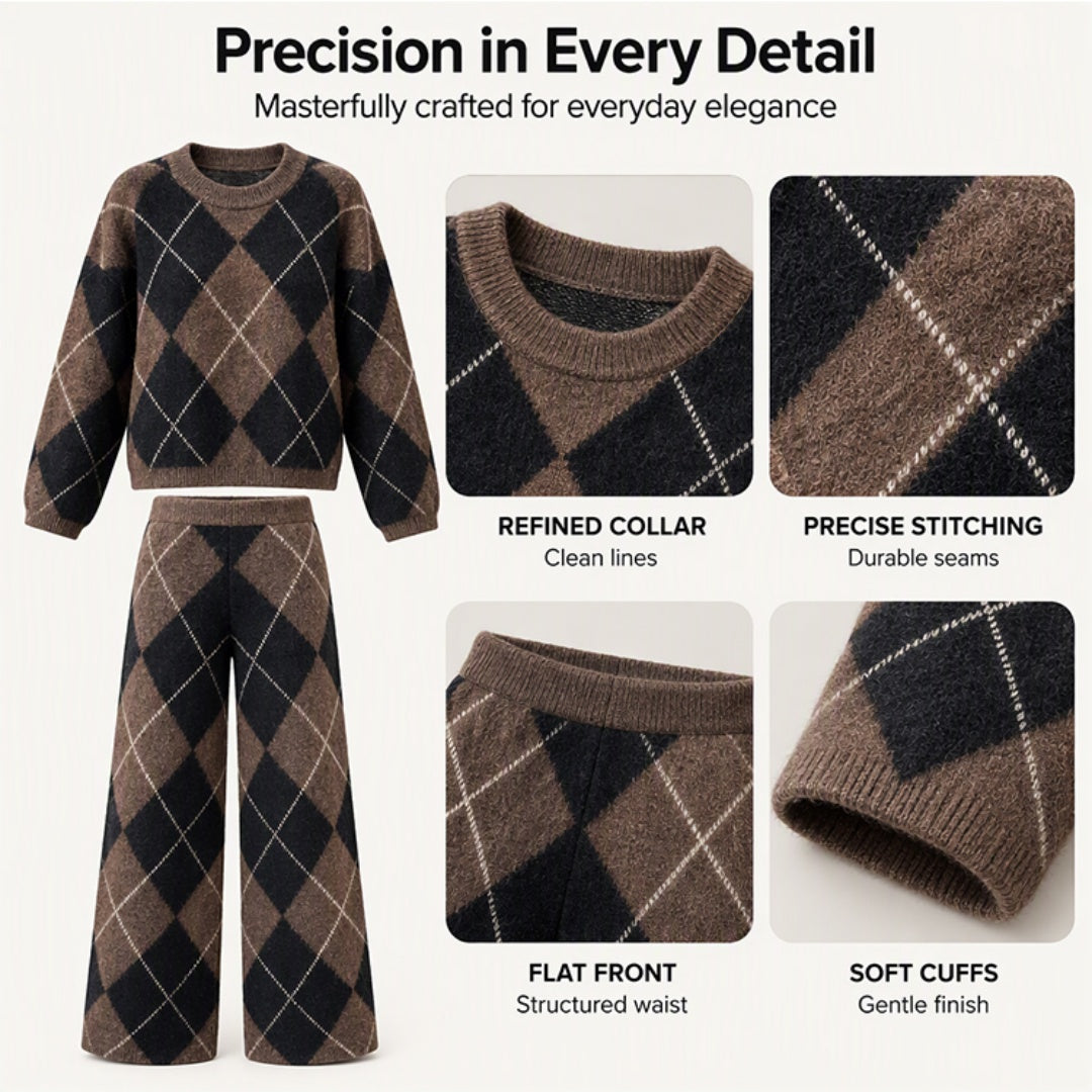 💖Women's Argyle Knit Sweater & Wide-Leg Pants Set
