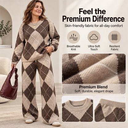 💖Women's Argyle Knit Sweater & Wide-Leg Pants Set