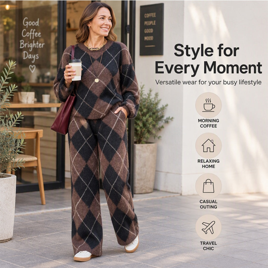 💖Women's Argyle Knit Sweater & Wide-Leg Pants Set