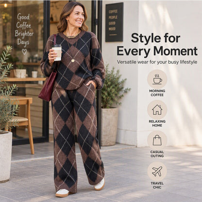 💖Women's Argyle Knit Sweater & Wide-Leg Pants Set