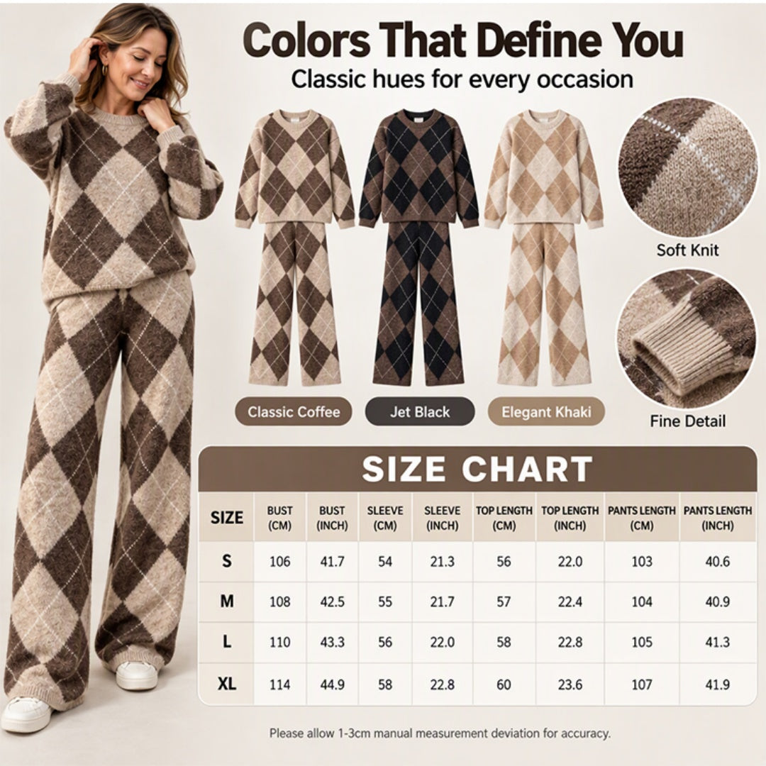 💖Women's Argyle Knit Sweater & Wide-Leg Pants Set