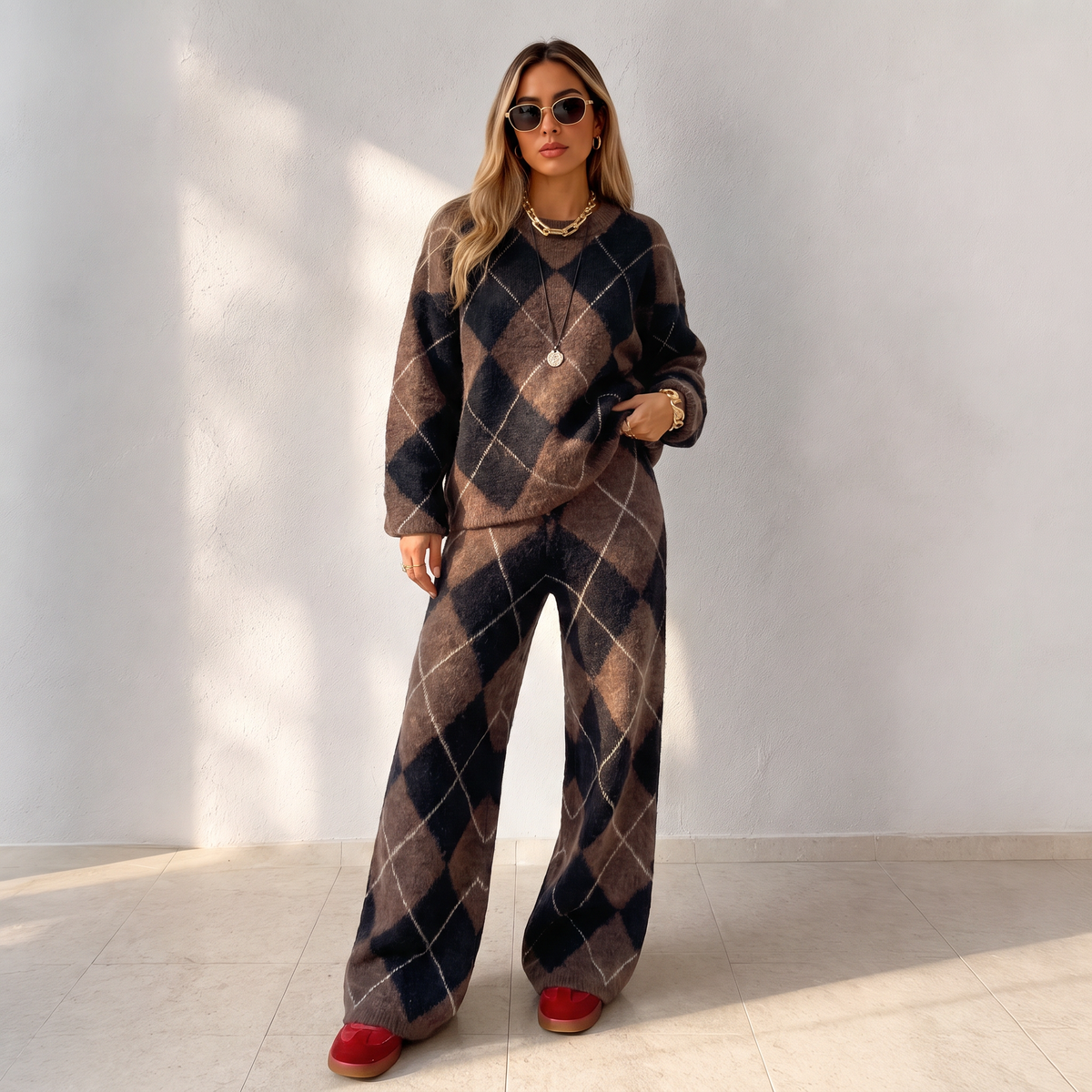 💖Women's Argyle Knit Sweater & Wide-Leg Pants Set