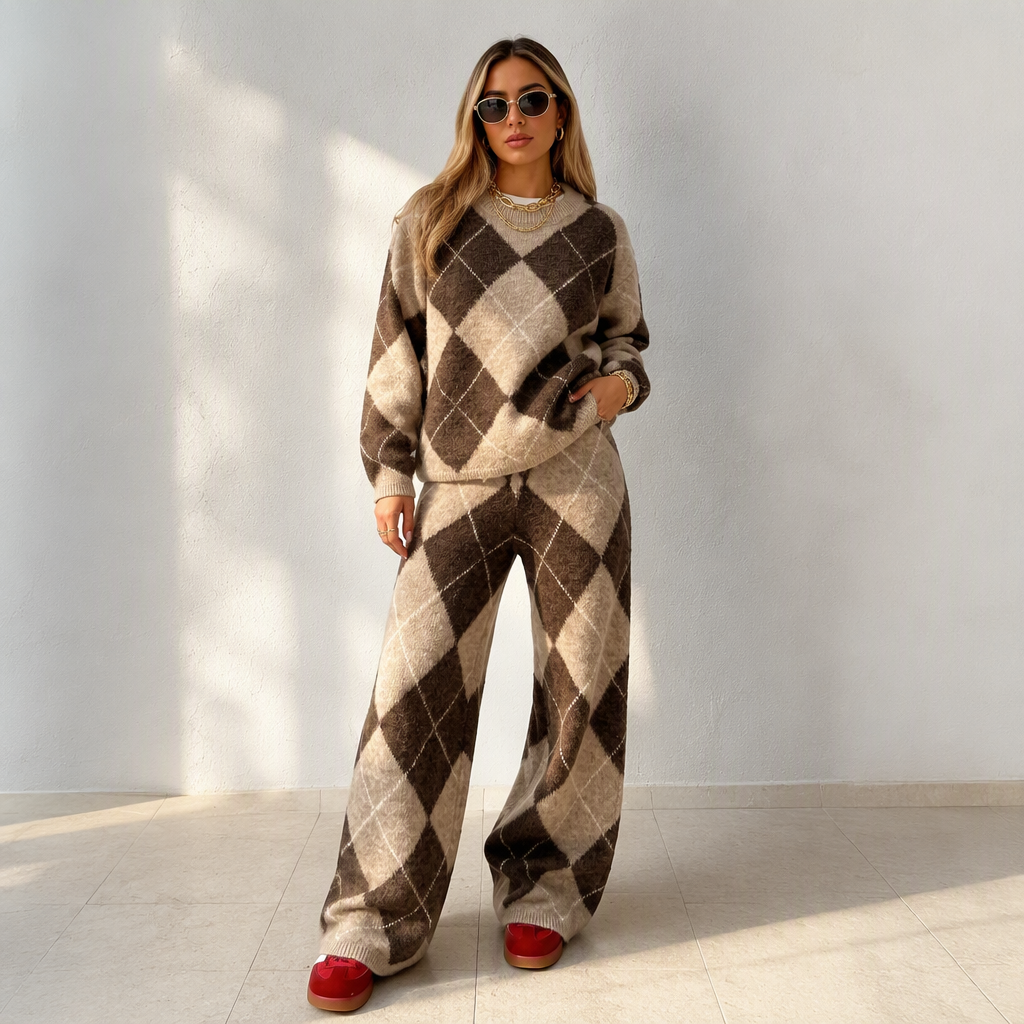 💖Women's Argyle Knit Sweater & Wide-Leg Pants Set