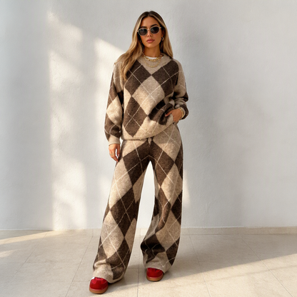 💖Women's Argyle Knit Sweater & Wide-Leg Pants Set