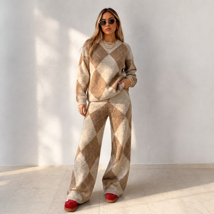 💖Women's Argyle Knit Sweater & Wide-Leg Pants Set