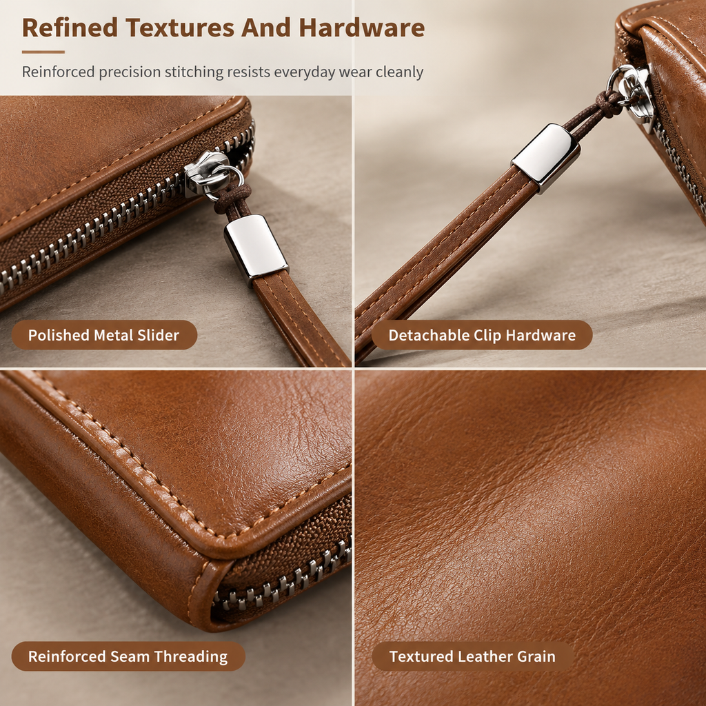 ✈️✨Structured Everyday Clutch Wallet – Rigid Zip, Flat Banknotes, Multi-Compartment, Scratch-Resistant 💳