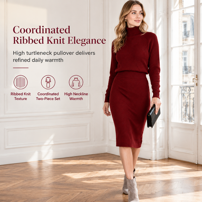 🍂 Women's Solid Color Turtleneck Knit Pullover Sweater and Skirt Set