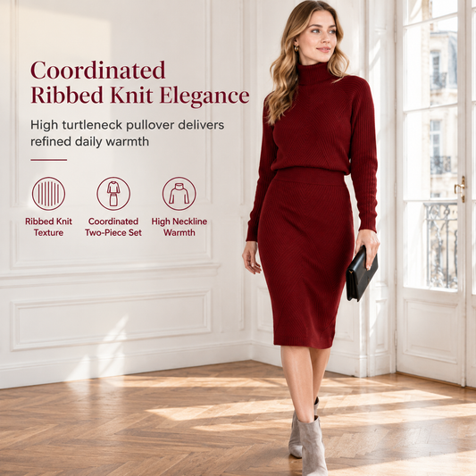 🍂 Women's Solid Color Turtleneck Knit Pullover Sweater and Skirt Set