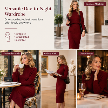 🍂 Women's Solid Color Turtleneck Knit Pullover Sweater and Skirt Set