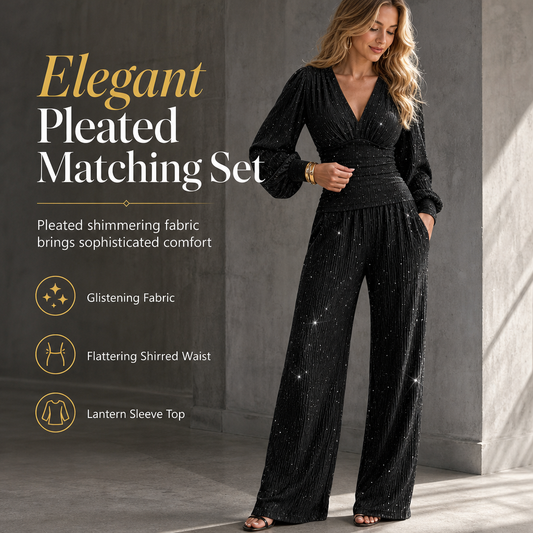 ✨ Women's Deep V-Neck Lantern Sleeve Ruched Top & Pocket Wide-Leg Pants Set