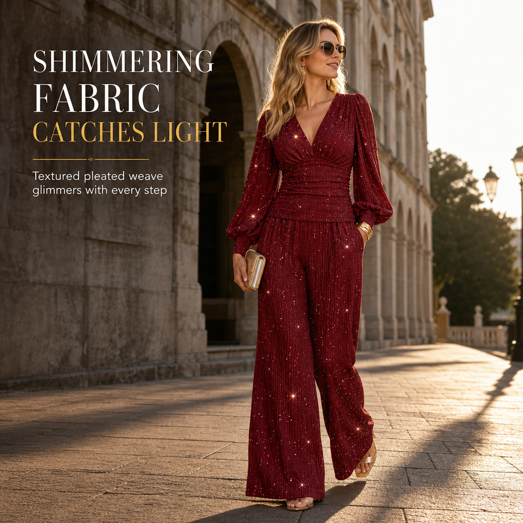 ✨ Women's Deep V-Neck Lantern Sleeve Ruched Top & Pocket Wide-Leg Pants Set