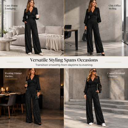 ✨ Women's Deep V-Neck Lantern Sleeve Ruched Top & Pocket Wide-Leg Pants Set