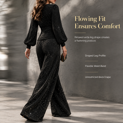 ✨ Women's Deep V-Neck Lantern Sleeve Ruched Top & Pocket Wide-Leg Pants Set
