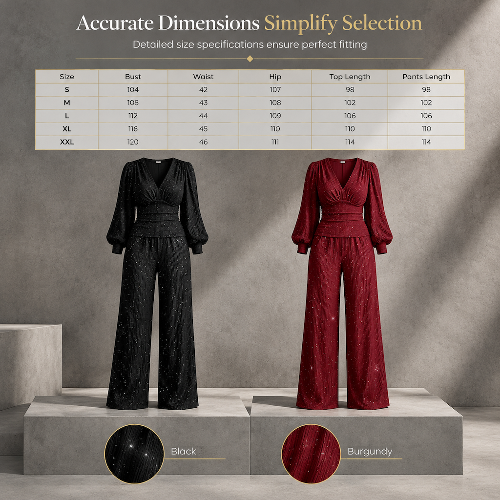 ✨ Women's Deep V-Neck Lantern Sleeve Ruched Top & Pocket Wide-Leg Pants Set