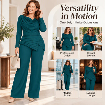 ✨Women's Draped Cowl Neck Top and Wide-Leg Pants Set