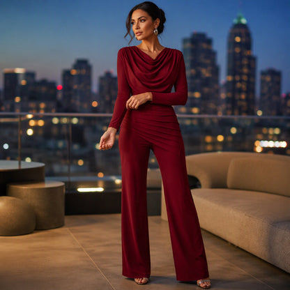 ✨Women's Draped Cowl Neck Top and Wide-Leg Pants Set