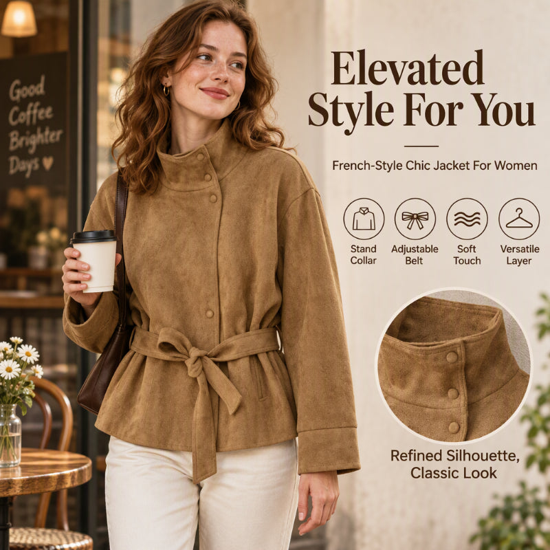 💖Women's Elegant Stand Collar Belted Jacket