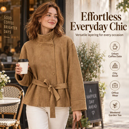 💖Women's Elegant Stand Collar Belted Jacket