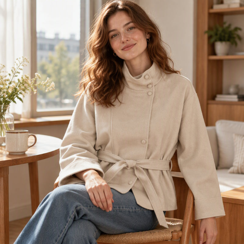 💖Women's Elegant Stand Collar Belted Jacket
