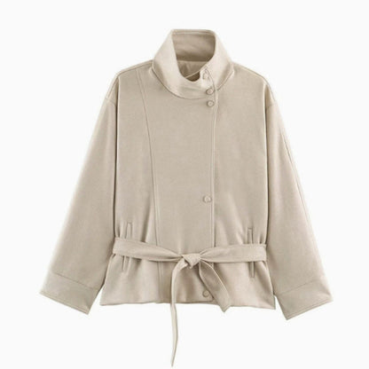 💖Women's Elegant Stand Collar Belted Jacket