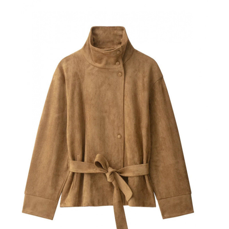 💖Women's Elegant Stand Collar Belted Jacket