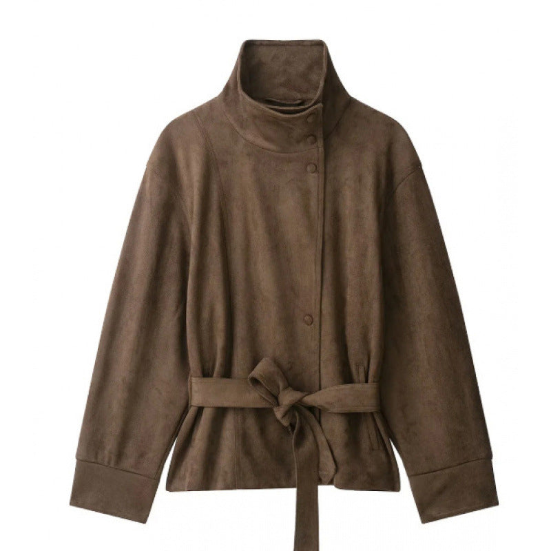 💖Women's Elegant Stand Collar Belted Jacket
