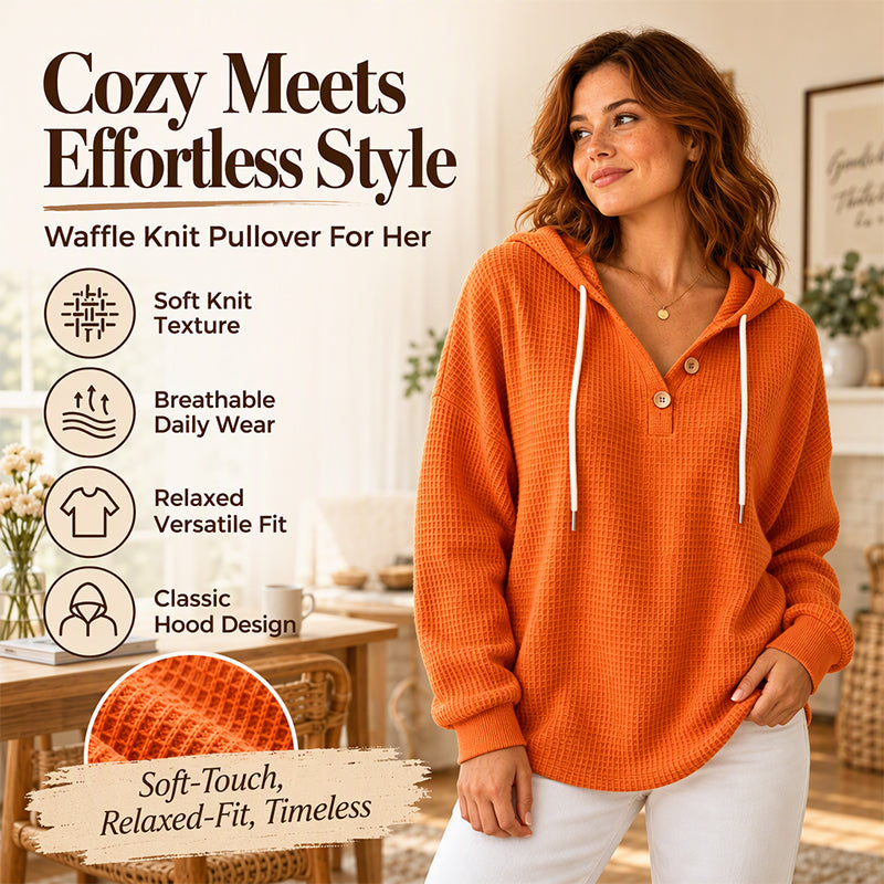 🧶 Textured Comfort, Cozy Head Coverage | Women's Waffle Knit Henley Hooded Sweatshirt