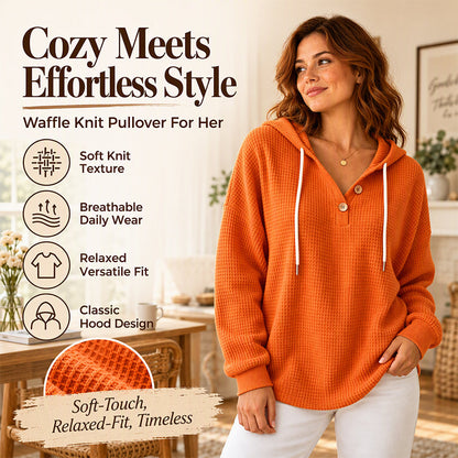 🧶 Textured Comfort, Cozy Head Coverage | Women's Waffle Knit Henley Hooded Sweatshirt