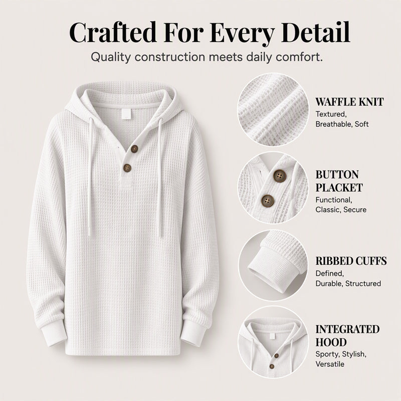 🧶 Textured Comfort, Cozy Head Coverage | Women's Waffle Knit Henley Hooded Sweatshirt