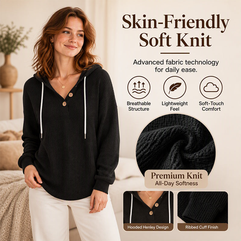 🧶 Textured Comfort, Cozy Head Coverage | Women's Waffle Knit Henley Hooded Sweatshirt