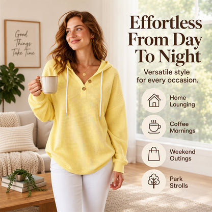 🧶 Textured Comfort, Cozy Head Coverage | Women's Waffle Knit Henley Hooded Sweatshirt