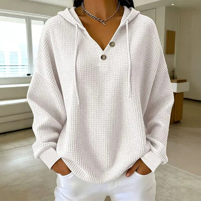 🧶 Textured Comfort, Cozy Head Coverage | Women's Waffle Knit Henley Hooded Sweatshirt