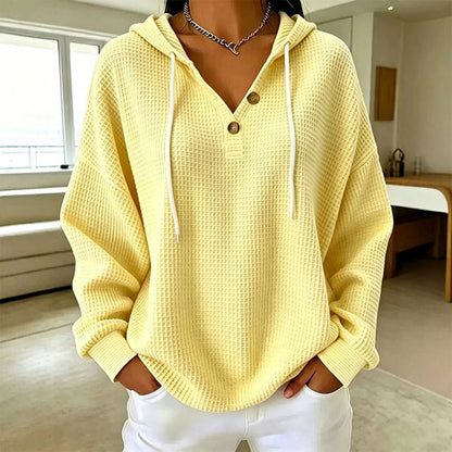 🧶 Textured Comfort, Cozy Head Coverage | Women's Waffle Knit Henley Hooded Sweatshirt